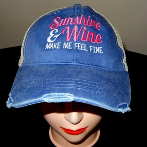 ADAMS HAT Sunshine&Wine Make Me Feel Fine 1 Sz Adjustable Cap Embroidered Denim - Picture 1 of 8
