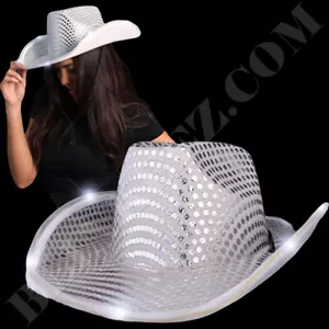 SILVER SEQUIN Light Up LED Flashing Cowboy Hat with SILVER SEQUINs WHITE LEDS - Picture 1 of 4