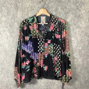 Johnny Was Rose Burnout Comisa Blouse Grey Floral Velvet Pink Roses Button XS - Picture 1 of 13