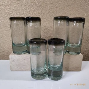 Hand Blown Mexican Tequila Shot Glasses – Set of 6 Black Rim VERY GOOD - Picture 1 of 8