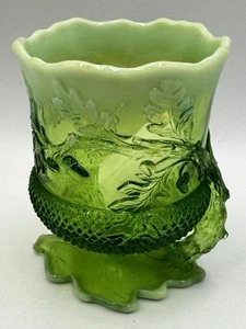 Mosser Glass Green Opalescent Glass Acorn Oak Footed Spooner Vintage 5” Tall - Picture 1 of 7