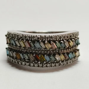 Multicolor Diamond Baguette Pave Half Eternity Band 925 Silver Ring Size 8 - Picture 1 of 12