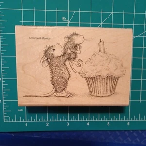 New Wood Mount Rubber Stamp House Mouse Amanda Monica Birthday cupcake candle 1 - Picture 1 of 5