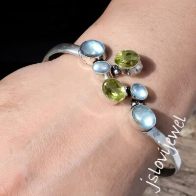Peridot Cut & Labradorite Gemstone 925 Sterling Silver Cuff Bangle For Friend - Image 1 of 4
