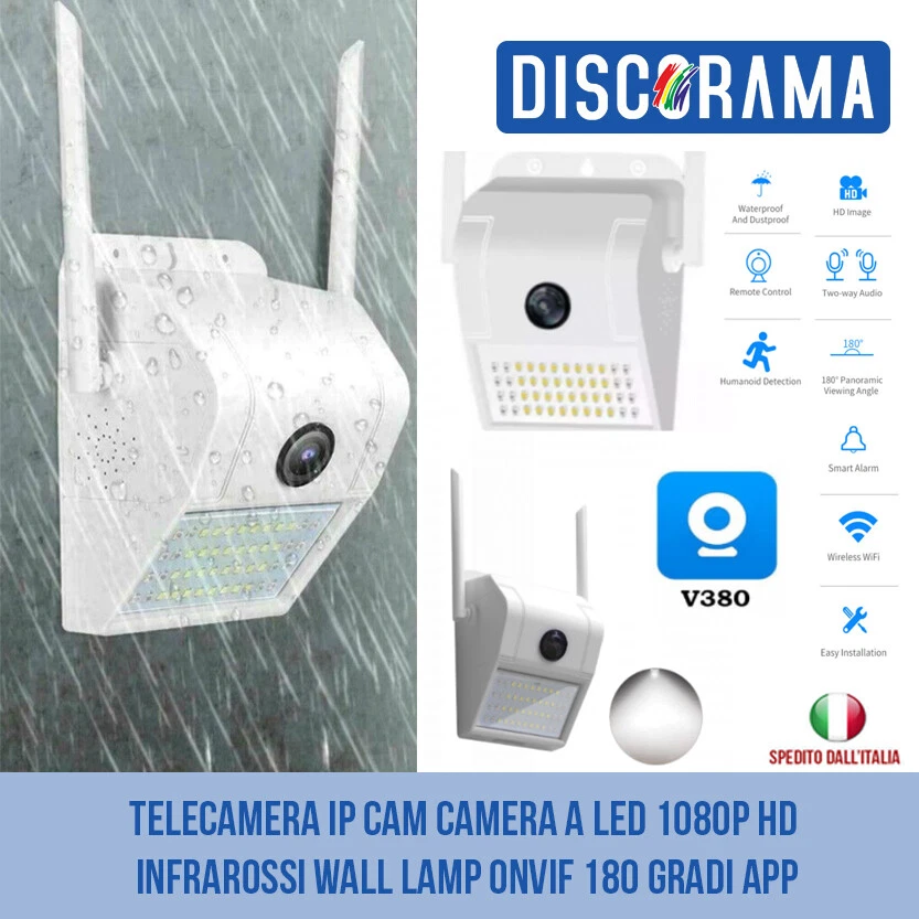TELECAMERA IP CAM CAMERA A LED 1080P HD INFRAROSSI WALL LAMP ONVIF 180 GRADI APP - Immagine 1 di 4