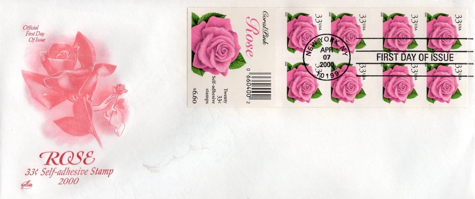 2000 #3052e CORAL PINK ROSE PANE OF 8 ON OVERSIZE FDC WITH ART CRAFT UA GEM! - Image 1 of 1