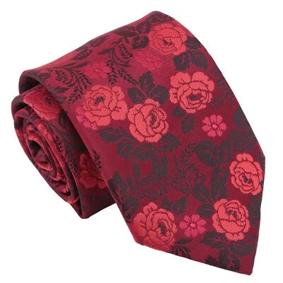 Red Mens Tie Floral Rose Modern Style Classic Wedding Neck Tie by DQT - Image 1 of 3