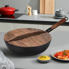 Wok-padella unbeschichteter Pentola con coperchio in legno per induzione mandria gasherde 32cm