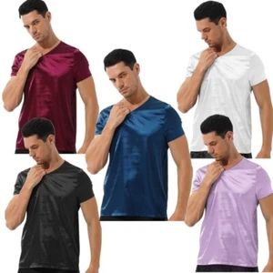 Men Satin Silk Nightwear Glossy Short Sleeve T-shirt Pajamas Top Loose Sleepwear - Picture 1 of 52