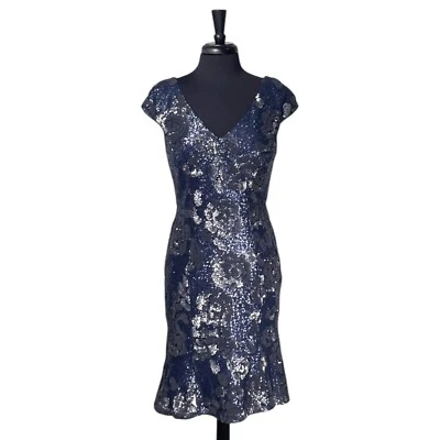 Vestido para mujer Antonio Melani azul floral lentejuelas cuello en V elegante boda midi 6 nuevo con etiquetas Foto 1 de 4