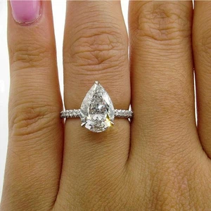 3Ct Pear Cut Lab-Created Diamond Solitaire Engagement Ring 14k White Gold Finish - Picture 1 of 9