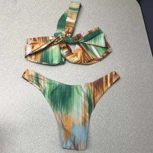 Vanguard Small Bikini Skirt Padded Swim Suit Green Brown Multicolor 3 Pc - Picture 1 of 10