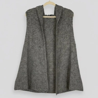 Chaleco con Capucha Tejido Seda Alpaca Eileen Fisher Suri Gris Frente Abierto L Foto 1 de 4