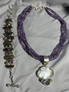Handwerklicher Amethyst Peridot Sterlingsilber Armband & Anhänger Set - Bild 1 von 14