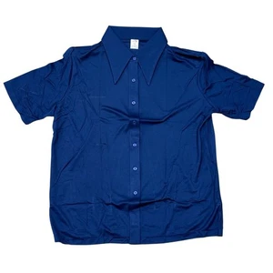 NOS 70s Women’s Nylon Stretch Knit Disco Shirt 46 Made in Singapore Blue Retro - Picture 1 of 10