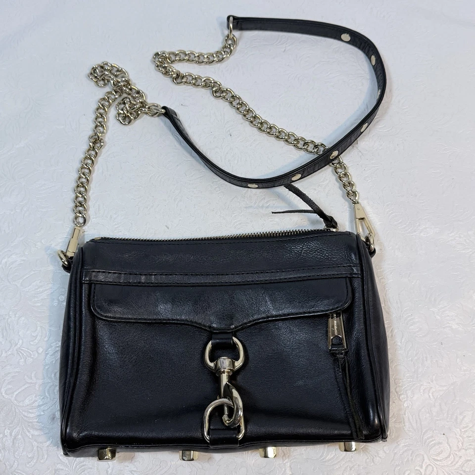 Rebecca Minkoff Mini MAC Black Leather Crossbody Bag Purse Gold Tone Chain Strap - Image 1 of 4