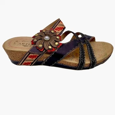 Sandálias anabela floral L'Artiste Spring Step couro Deonna cravejado EUA 6.5-7 EU 37 - Imagem 1 de 4