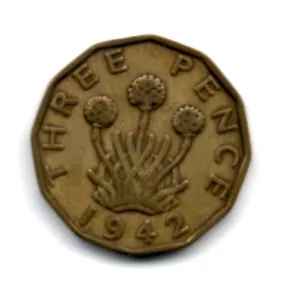 UK 1942, portrait King George VI, 3-headed 'thrift' plant, 3 pence, accept offer - Picture 1 of 2