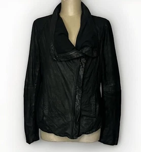 Elie Tahari Lamb Leather Jacket Black Moto Zip Drape Front Women’s Size Medium - Picture 1 of 10
