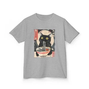 Youth Short Sleeve Tee Kawaii Cat Eating Ramen Noodles Funny Anime Gift Shirt - Picture 1 of 24