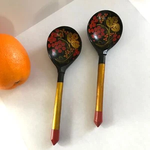 Cucchiai 2-8" arte popolare legno dipinto laccato Russia nero e oro rosso Khokhloma - Foto 1 di 3