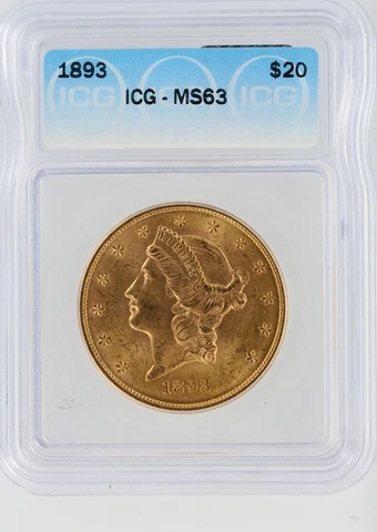 1893 Double Eagle ICG MS63 $20 Philadelphia Minted Liberty Head Gold Coin Cover