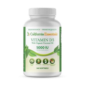 Vitamin D3 5000 IU with Organic Coconut Oil 360 Softgels Gluten Free Non-GMO