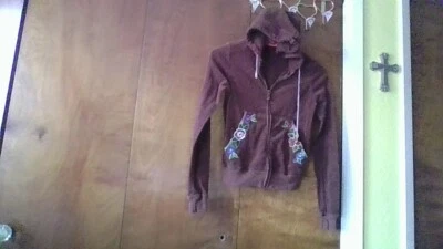 Embroidered Floral Pockets Juicy Couture Small Hoodie Chocolate Orange Butterfly - Image 1 of 4