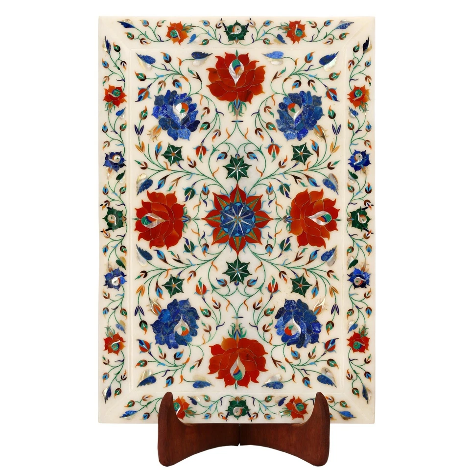  Bandeja de Mármol Incrustación Floral Piedras Semipreciosas Hecha a Mano Hogar Decorativo Foto 1 de 1