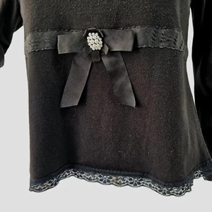 90s KIKIT Knitwear Black Cotton Sweater Long Slv Ribbon Detail Lace Trim Women L - Picture 1 of 8
