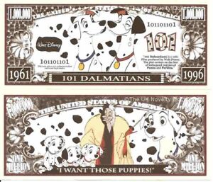 101 Dalmatians Cartoon Million Dollar Bills x 2 Cruella Deville Dog Puppies New