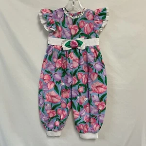 Vintage Girls 2T Blue Floral AOP Bubble Romper One Piece Jumper Ruffle 1990s - Picture 1 of 4
