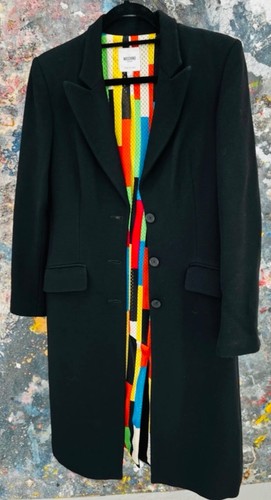 Cappotto formale Moschino nero fantastico fodera multicolore taglia 12 misto lana ottime condizioni