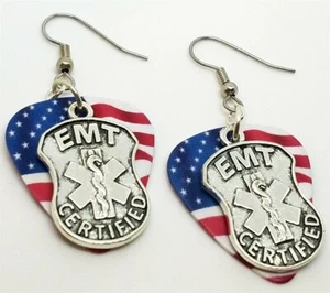EMT Shield Charm Guitar Pick Earrings - Pick Your Color - Picture 1 of 11