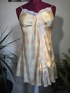 VTG Y2K Victoria's Secret Satin Slip Dress L Yellow Pink Plaid Babydoll Cottage - Picture 1 of 8