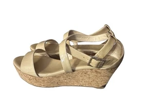 Jimmy Choo 40 10 Portia Nude Beige Patent Platform Cork Wedge Sandals 37.5/6.5 - Picture 1 of 13