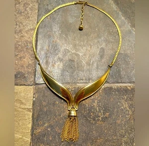 Vintage Avon Signed Chunky 1970s 1980s Gold Necklace Fringe Tassel Choker Collar - Picture 1 of 5