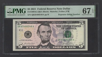 United States 5 Dollars 2021 Fr#1999-K (QKA Block) "Repeater S/N" UNC Grade 67 - Image 1 of 2
