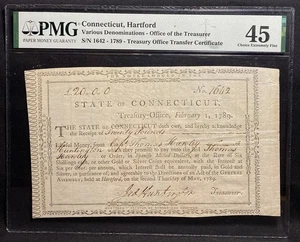 1789 CONNECTICUT Hartford Colonial Banknote Currency Huntington Signed, PMG XF45 - Picture 1 of 7