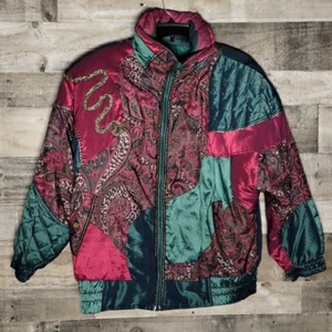 Vintage 90s Colorful Floral Paisley & Gold Izzi Puffer Coat Green Maroon XXL 2XL - Picture 1 of 5
