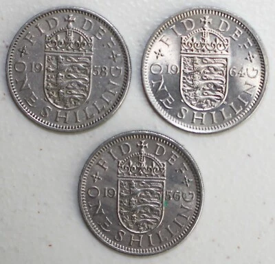 1956 1958 1964 Great Britain Shilling Coins 3 Coin Lot Copper Nickel  - Image 1 of 3