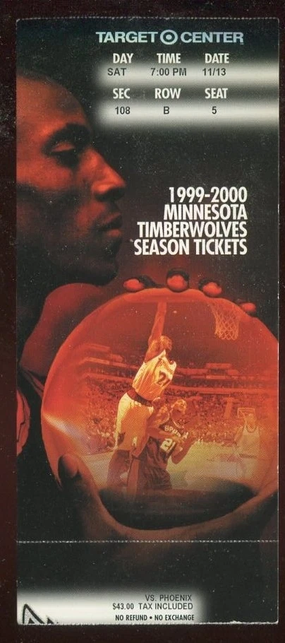 Ticket Basketball Minnesota 1999 - 00 11/13 Phoenix Suns Kevin Garnett - Image 1 of 1
