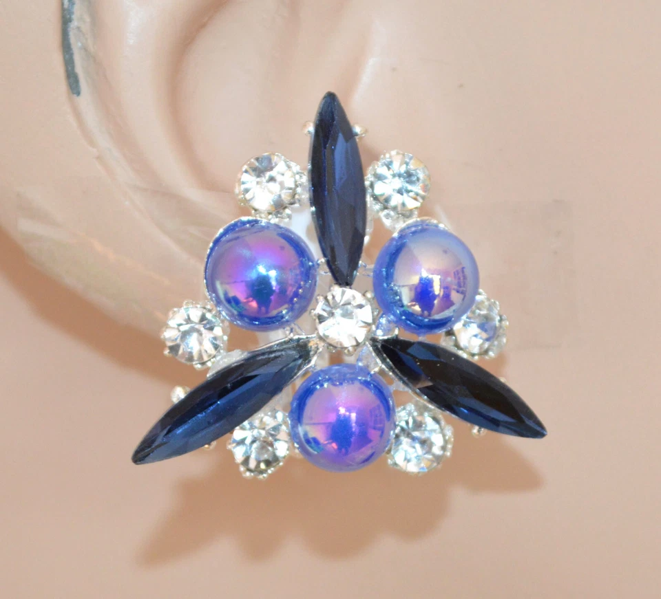 Orecchini a clips donna argento cristalli pietre blu strass lobo bottone UNW36 - Immagine 1 di 1