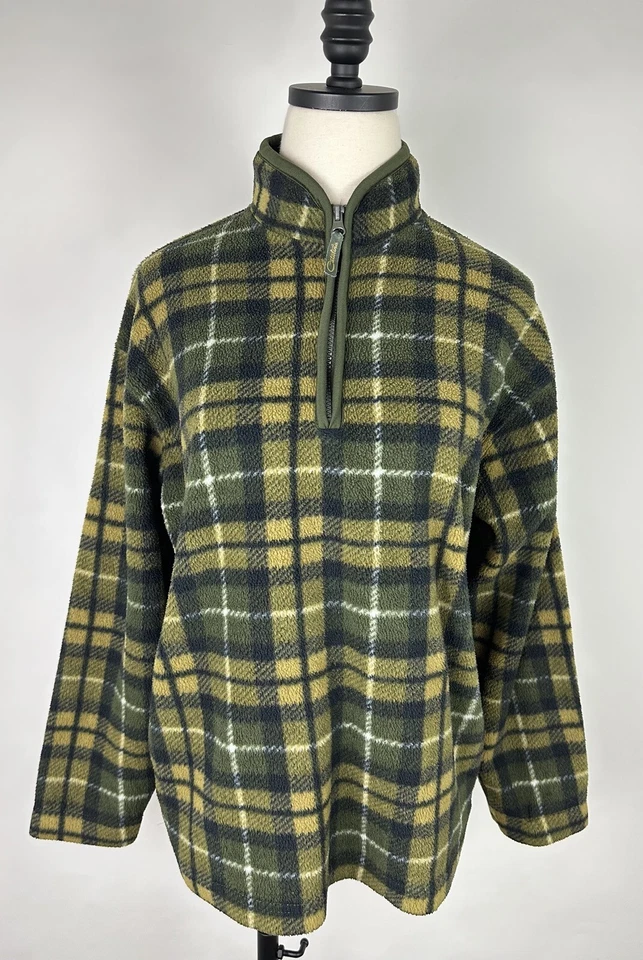 Vintage Fleece Pullover Womens Small 1/4 Zip Olive Green Plaid Mustard 90s - Image 1 of 4