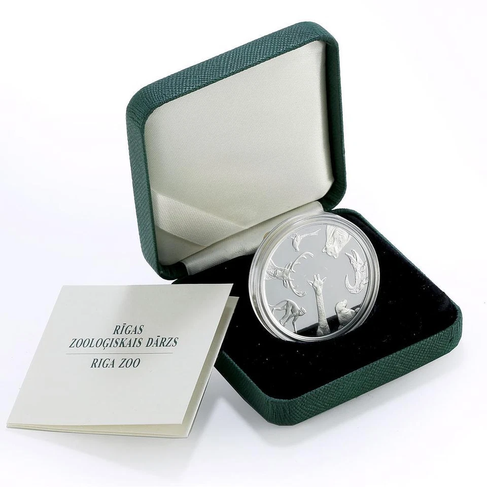Latvia 1 lats Riga Zoo Elephant Giraffe Crocodile Monkey Fauna silver coin 2012 - Image 1 of 4