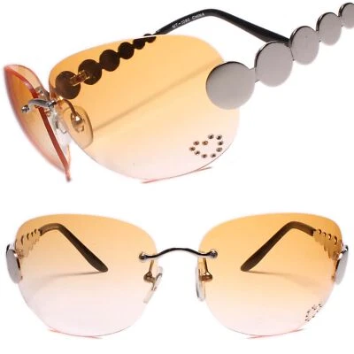 Classic Vintage Retro Style 80s Party Silver & Orange Oval Rimless Sunglasses - Image 1 of 4