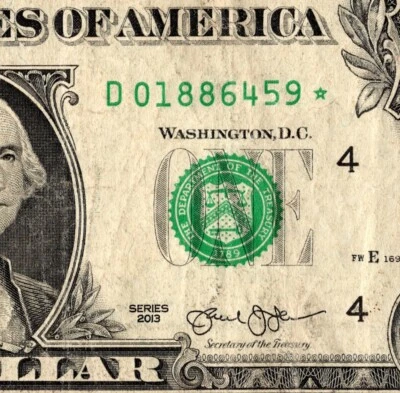 Банкнота номиналом один доллар 2013 D со звездой необычный серийный номер - Изображение 1 из 4