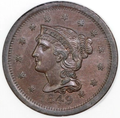1849 1c N-7 Braided Hair Large Cent NGC MS 64 BN EX; Jules Reiver - Image 1 of 4