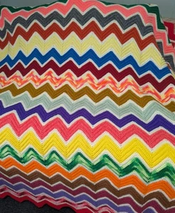 Vintage 65 X 71 Handmade Crocheted Rainbow Chevron Stripe Afghan - Picture 1 of 4