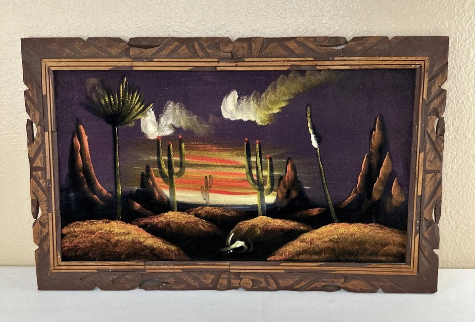 Vtg Desert Sunset Black Velvet Painting Cactus Mountains Skull Carved Wood Frame - Image 1 of 4